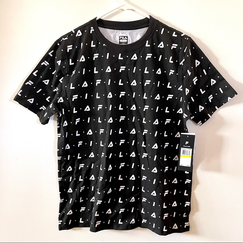 Fila all over Logo Tee Shirt Sz M black and white Women